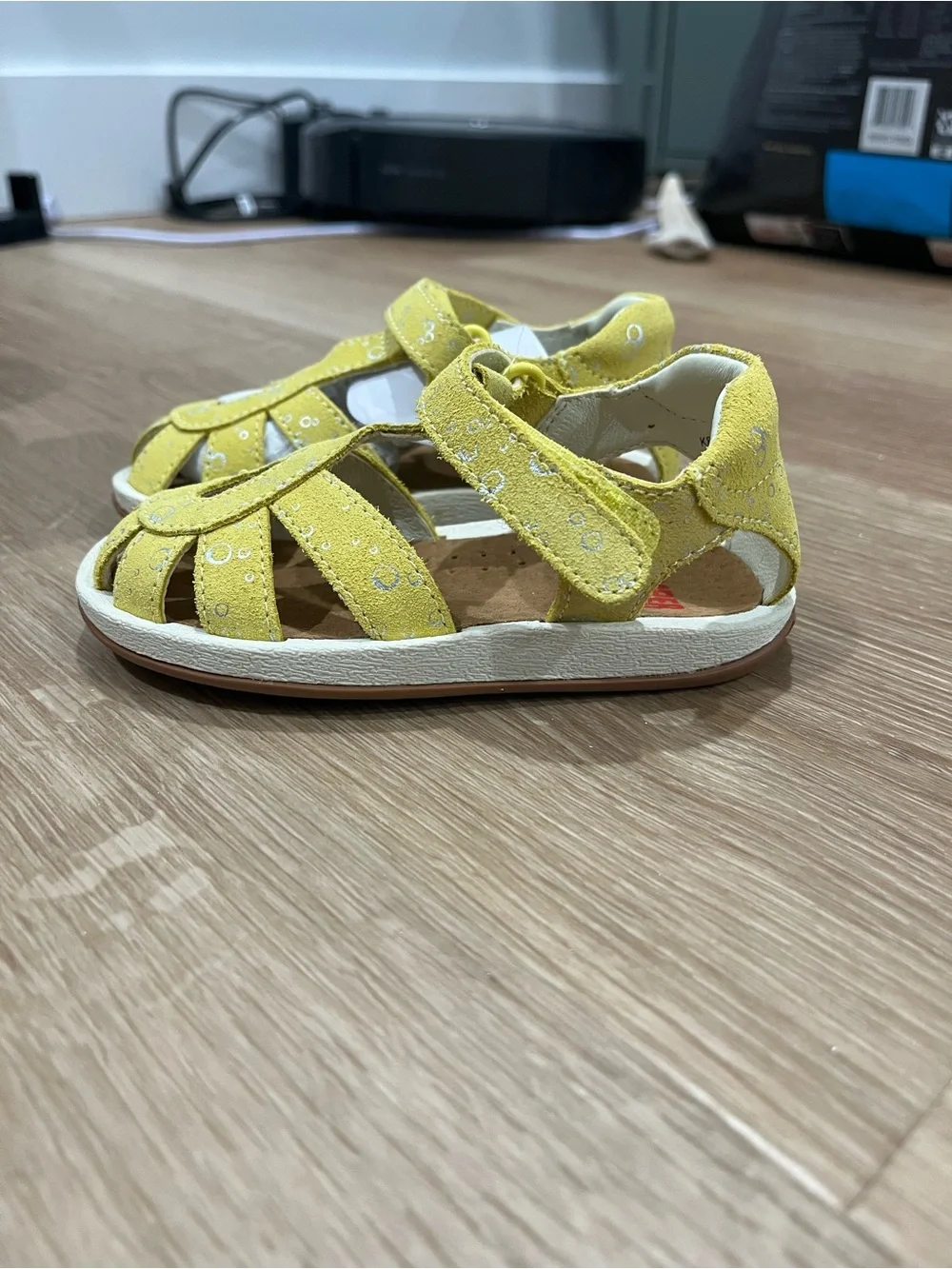 Camper Kids Yellow Suede Closed-Toe Velcro Sandals